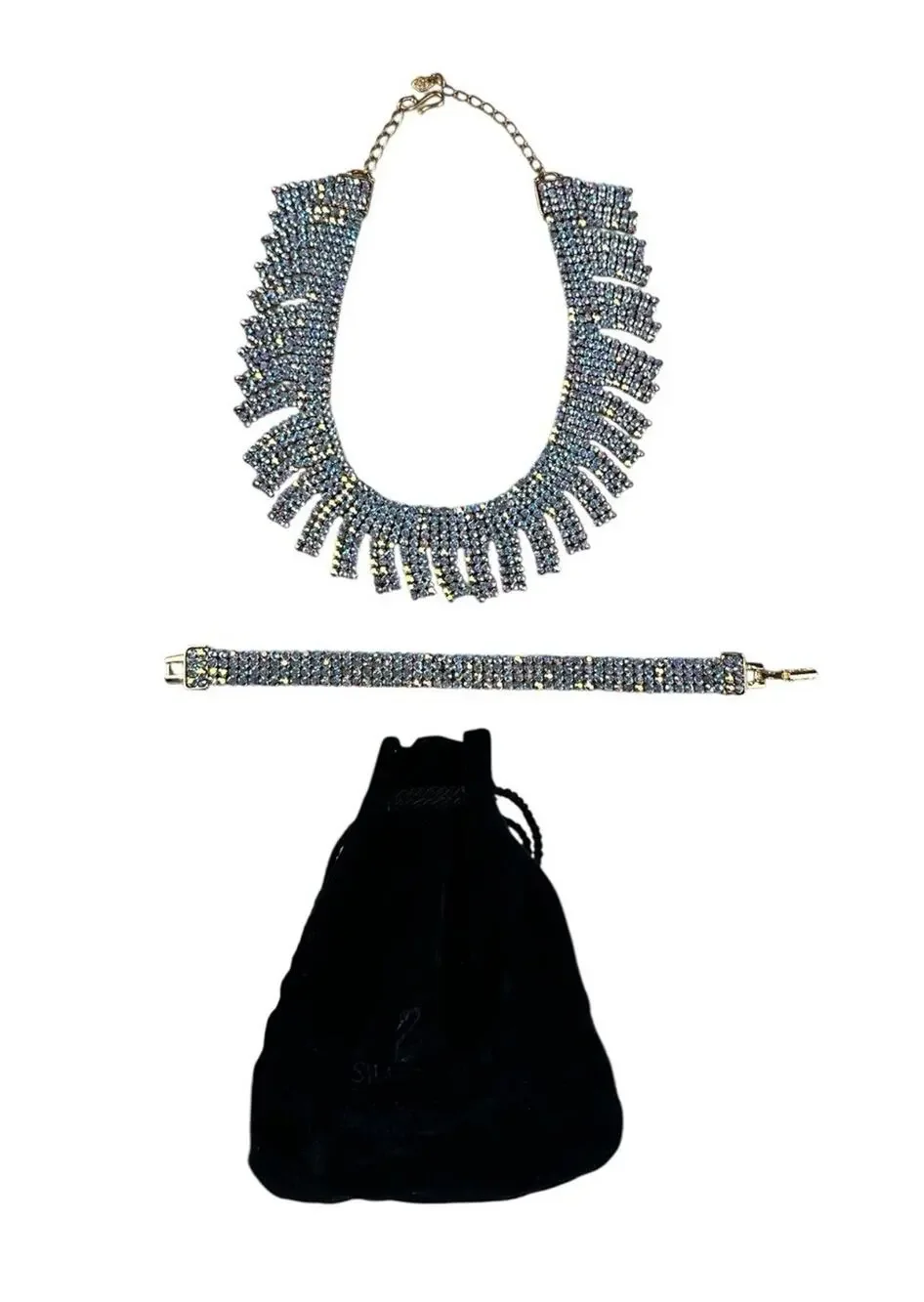 Vintage Swarovski Aurora Borealis Crystal Bib Statement Necklace & Bracelet Set